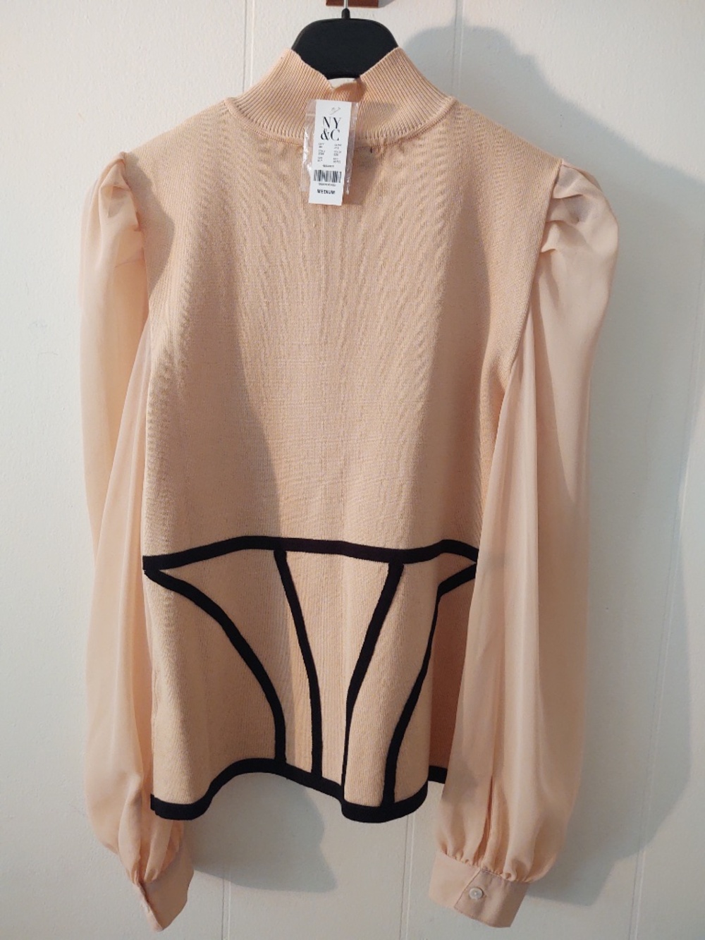 NYT NY&C Medium Peach with Black Detailing Sheer Sleeves Mock Turtleneck Sweater - Picture 2 of 7